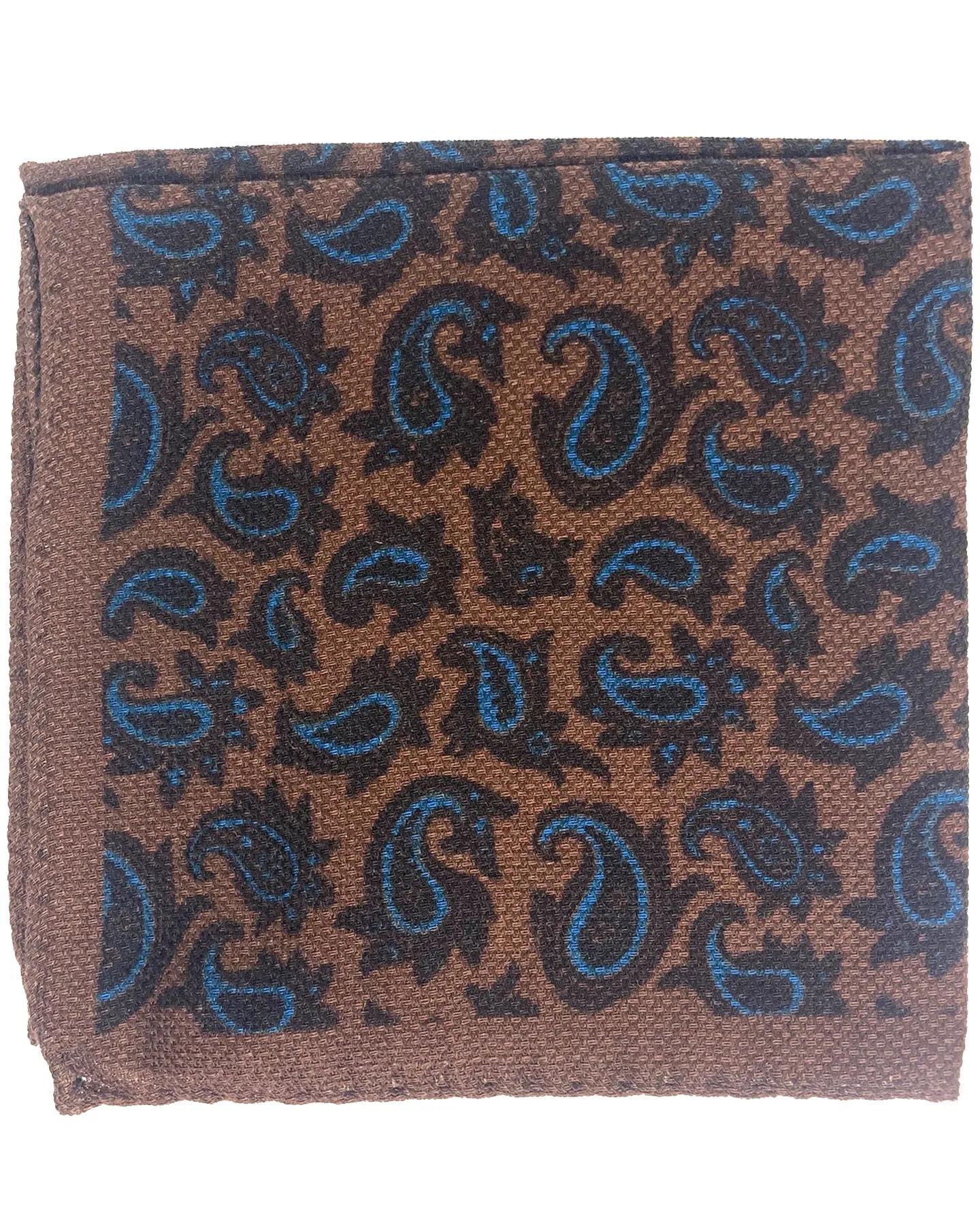 Luigi Borrelli Pocket Square Brown Blue Paisley - Wool Silk SALE