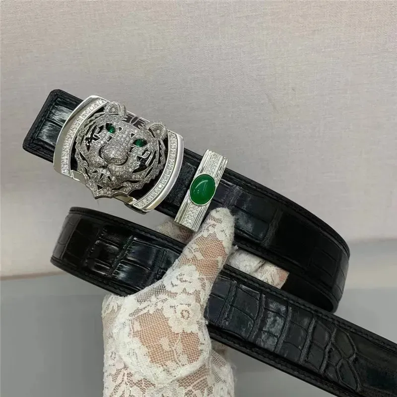 Men's Genuine Leather Strap Green Diamond Tiger Buckle Waist Belt