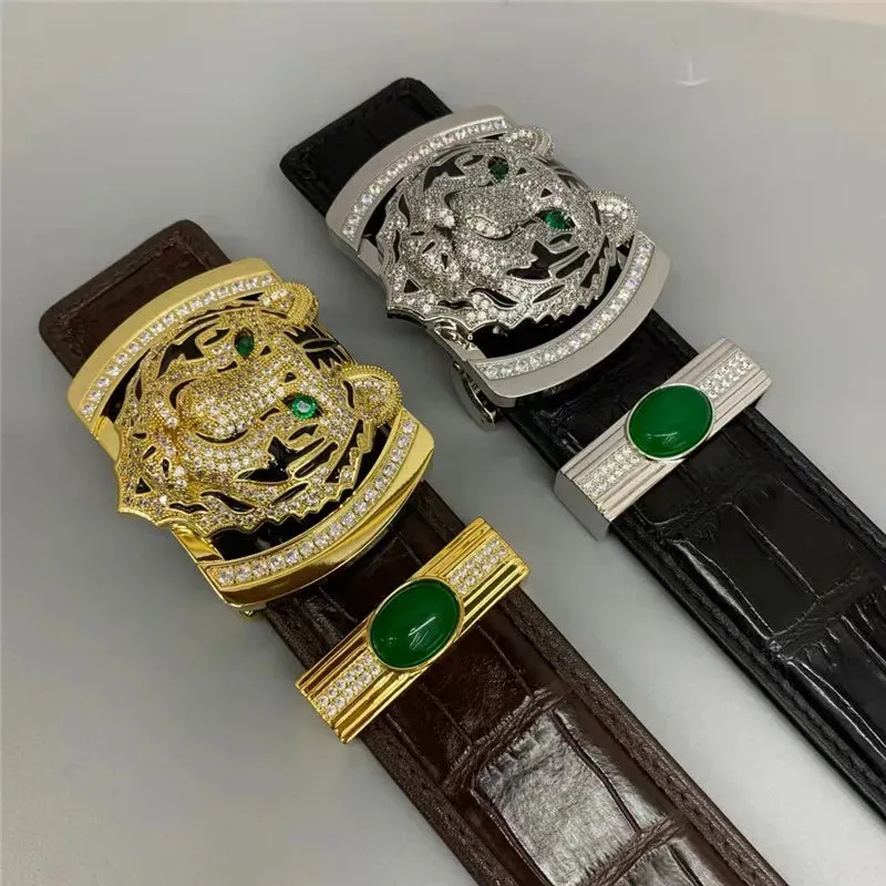 Men's Genuine Leather Strap Green Diamond Tiger Buckle Waist Belt