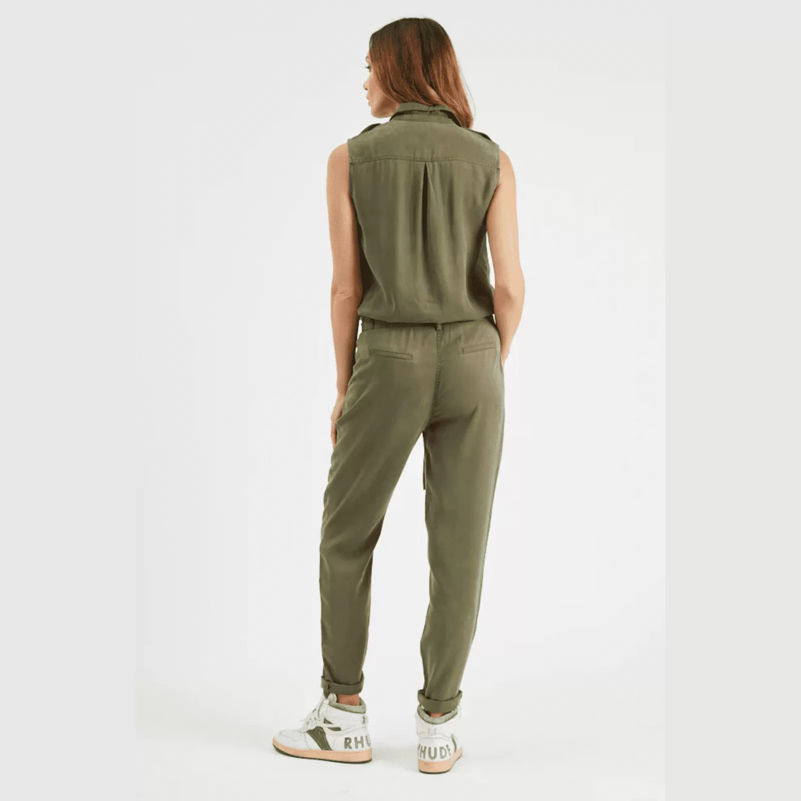 Military Sleeveless Zipper Belted Jumpsuit