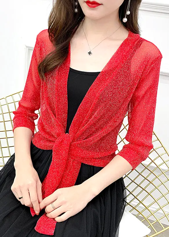 New Red Solid Lace Up Tulle Cardigan Half Sleeve AS1026