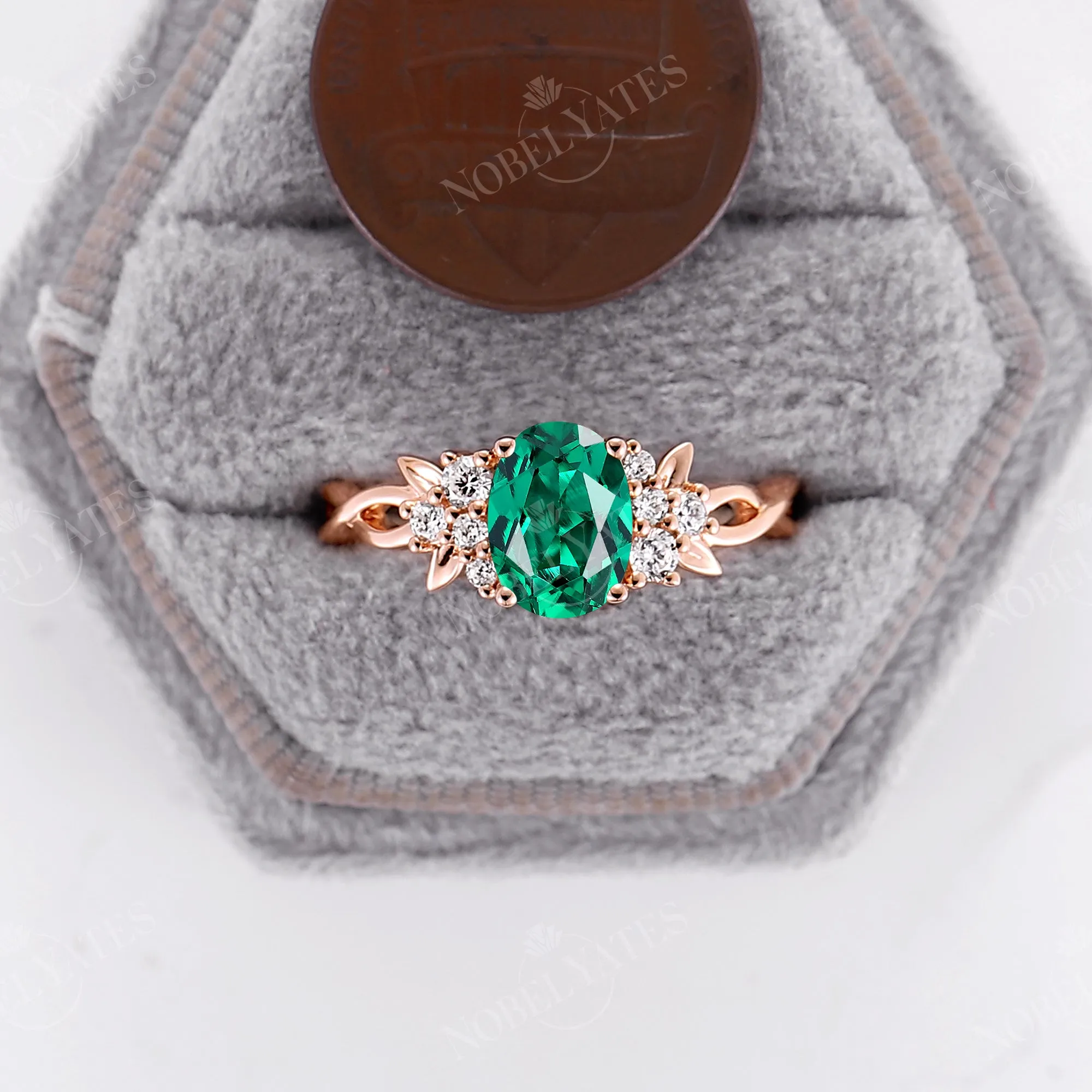 Oval Lab Emerald Twist Band Rose Gold Nature Engagement Ring