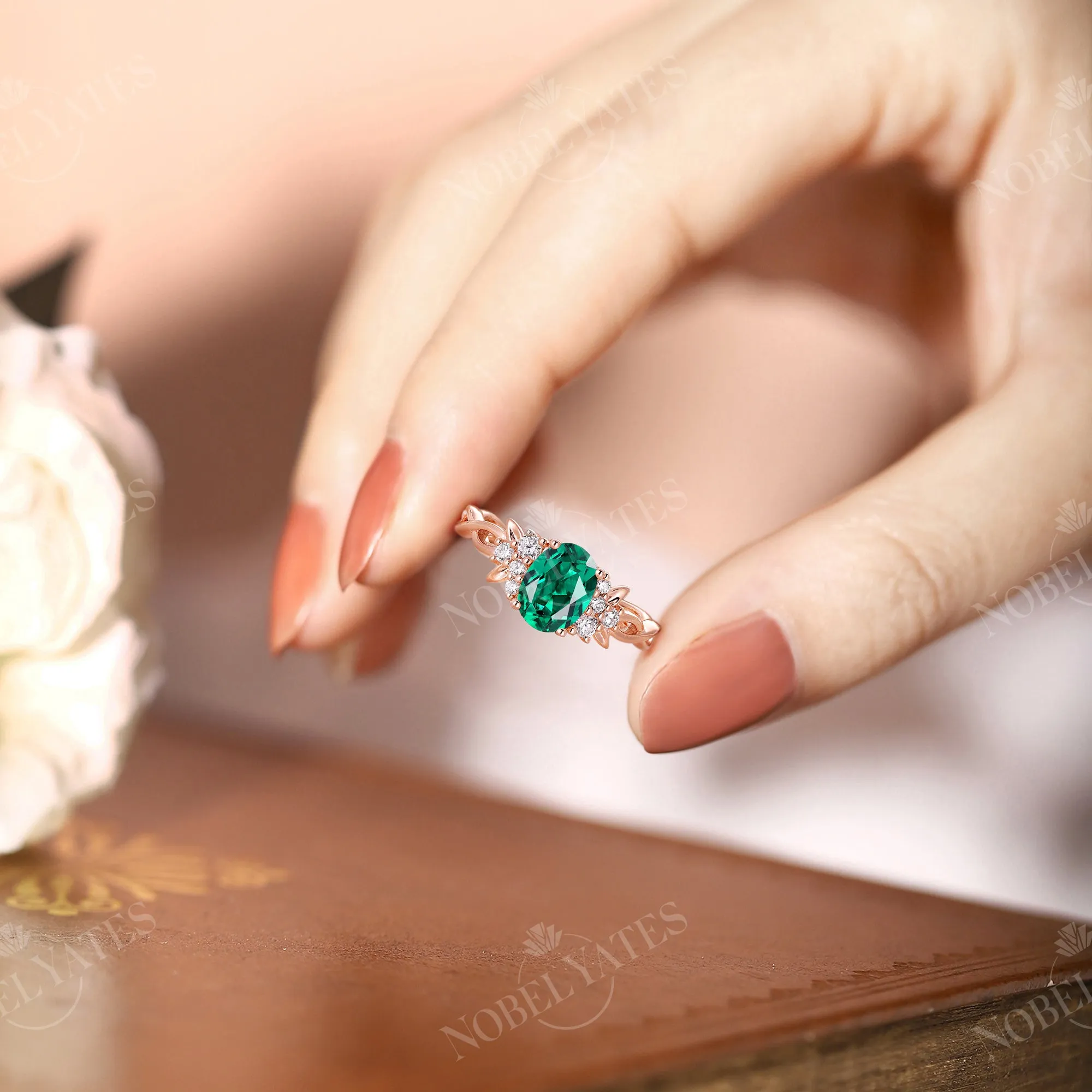 Oval Lab Emerald Twist Band Rose Gold Nature Engagement Ring