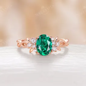 Oval Lab Emerald Twist Band Rose Gold Nature Engagement Ring