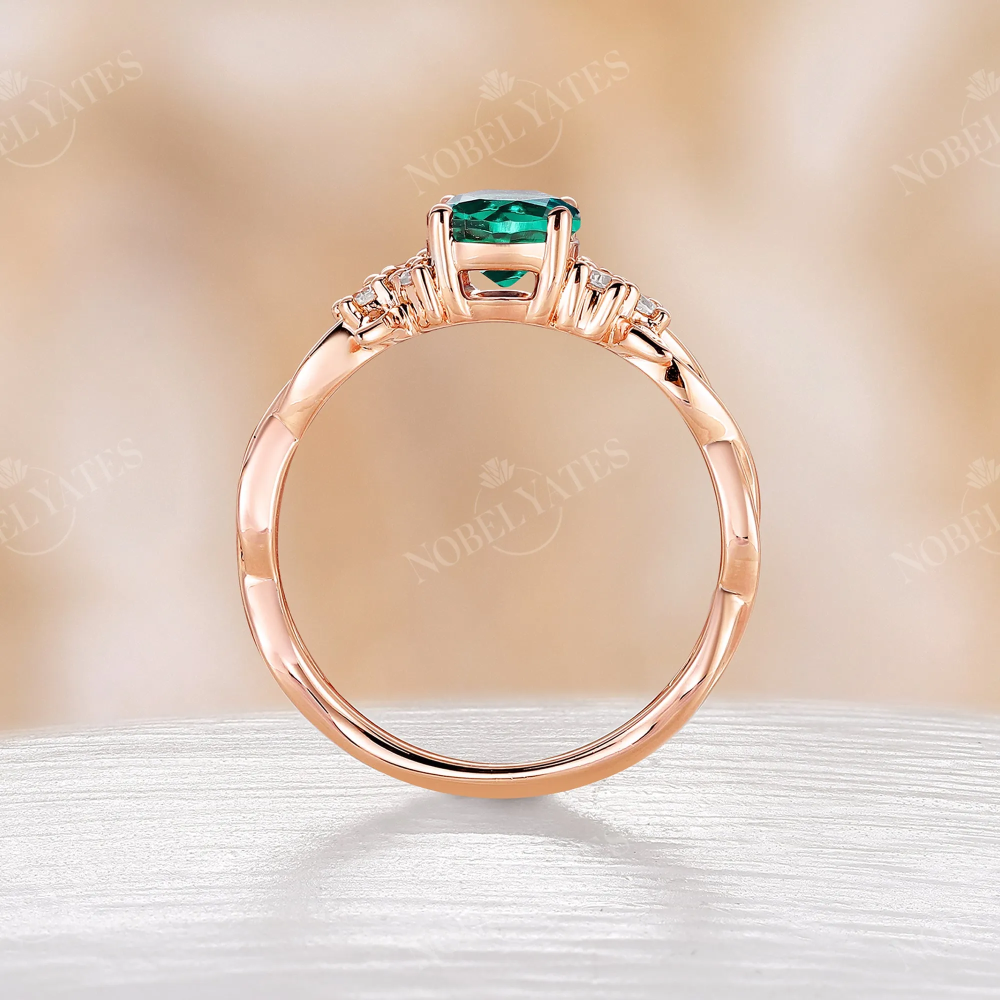 Oval Lab Emerald Twist Band Rose Gold Nature Engagement Ring