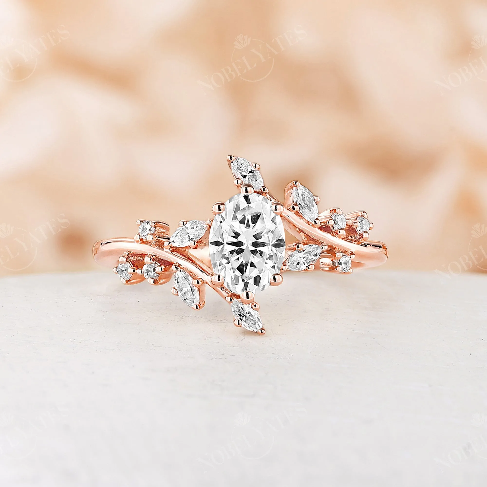 Oval Moissanite Nature Inspired Branch Engagement Ring Bypass Band