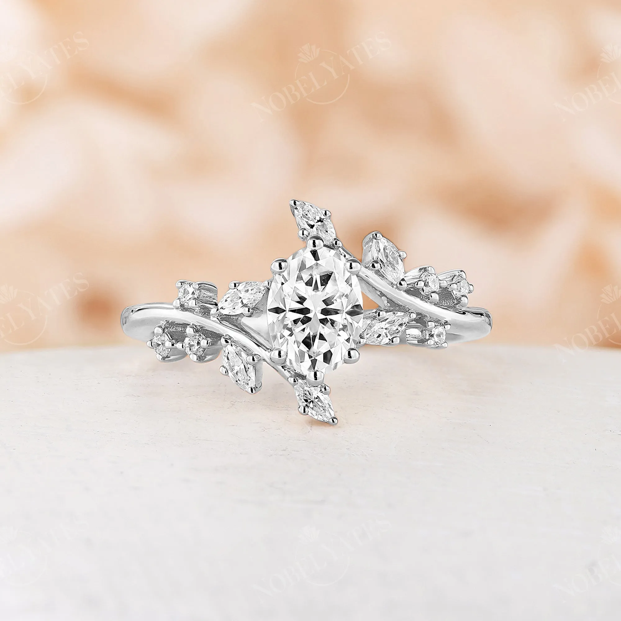 Oval Moissanite Nature Inspired Branch Engagement Ring Bypass Band