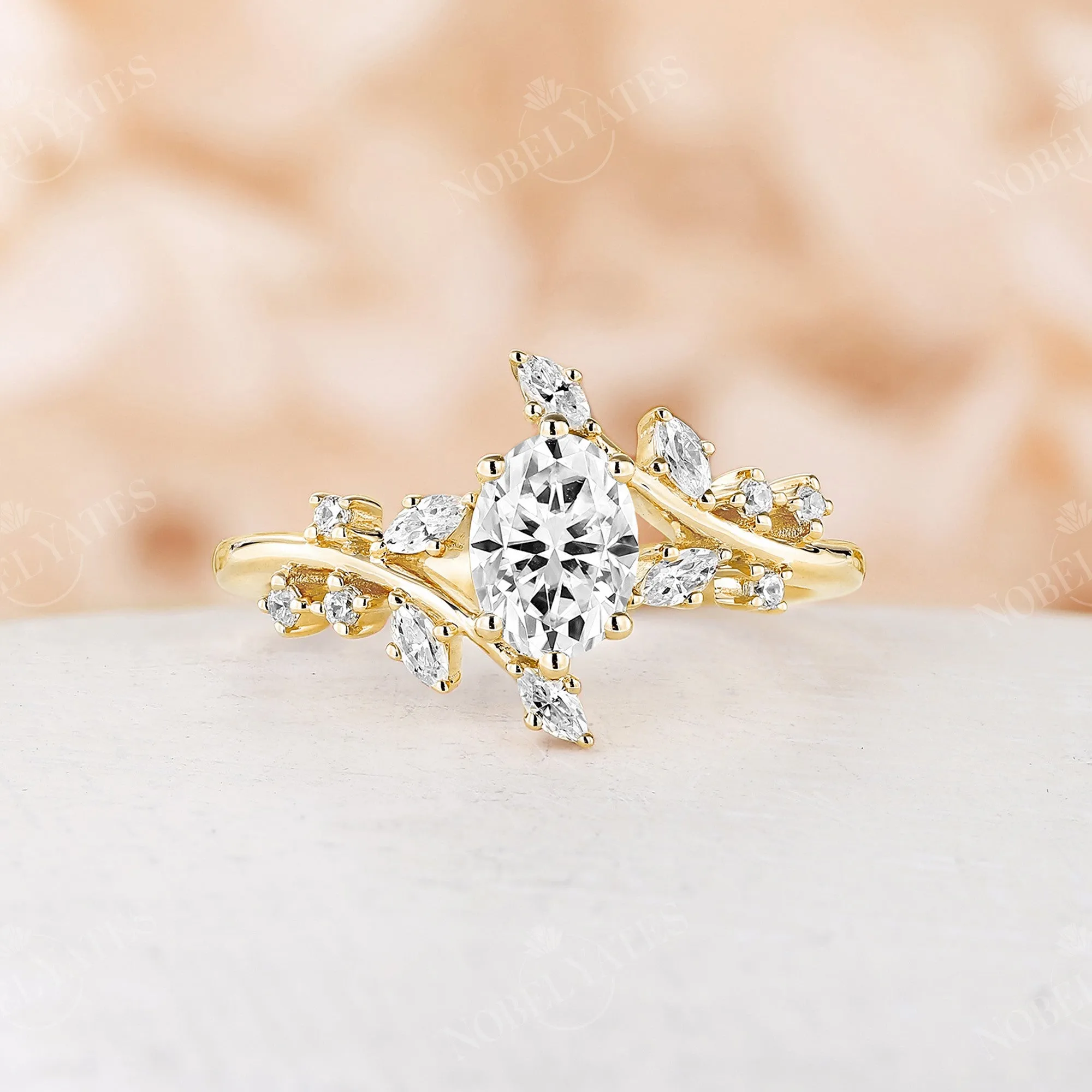 Oval Moissanite Nature Inspired Branch Engagement Ring Bypass Band