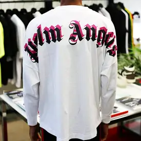 PALM ANGELS Doubled Logo Long Sleeve Tee White Fuchsia