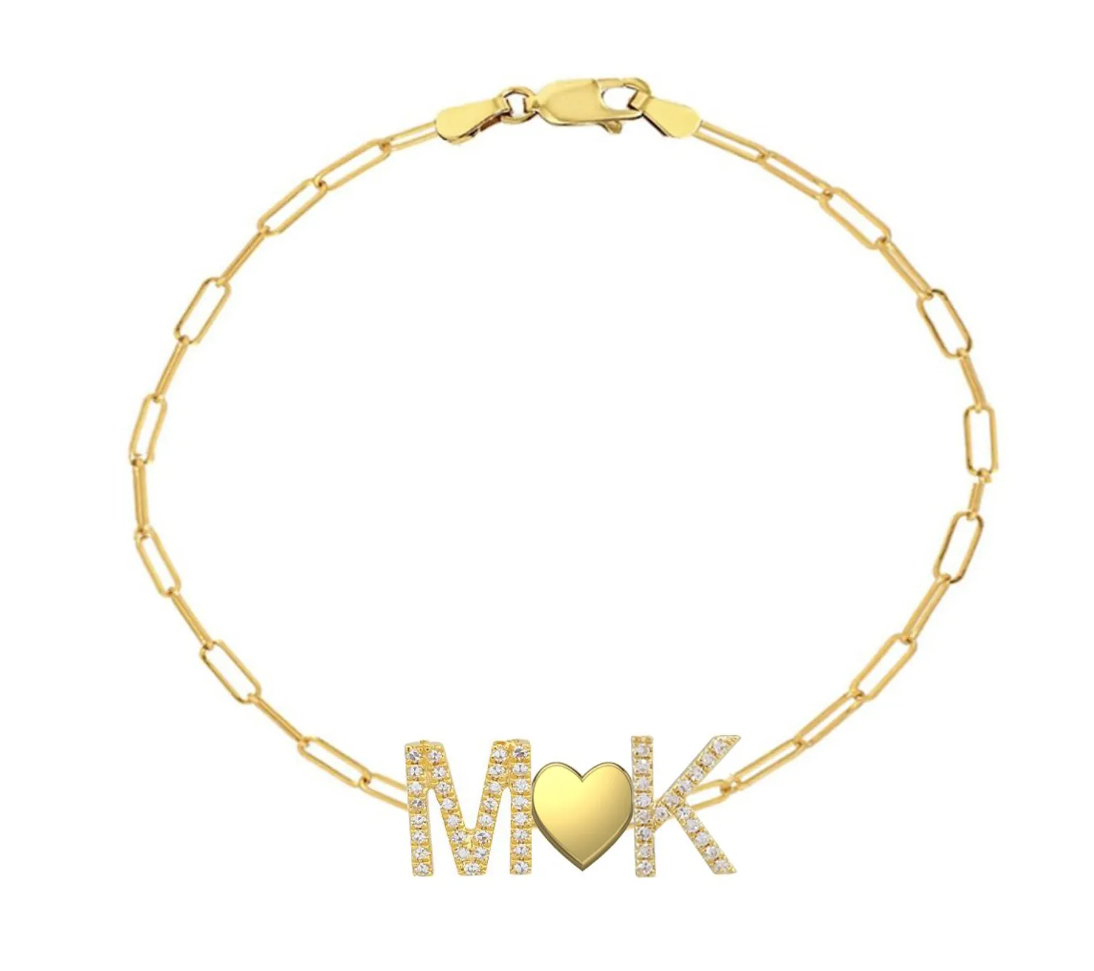 Pave Initials and Gold Heart Paperclip Bracelet