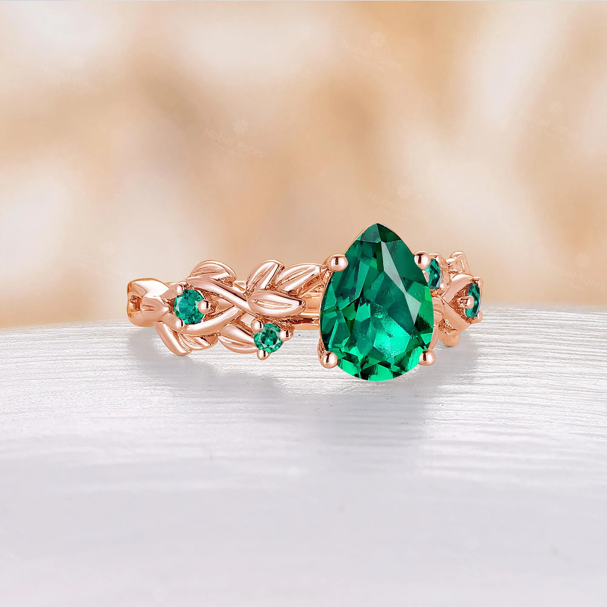 Pear Shape Lab Emerald Nature Inspired Rose Gold Engagement Ring Unique Twist Band