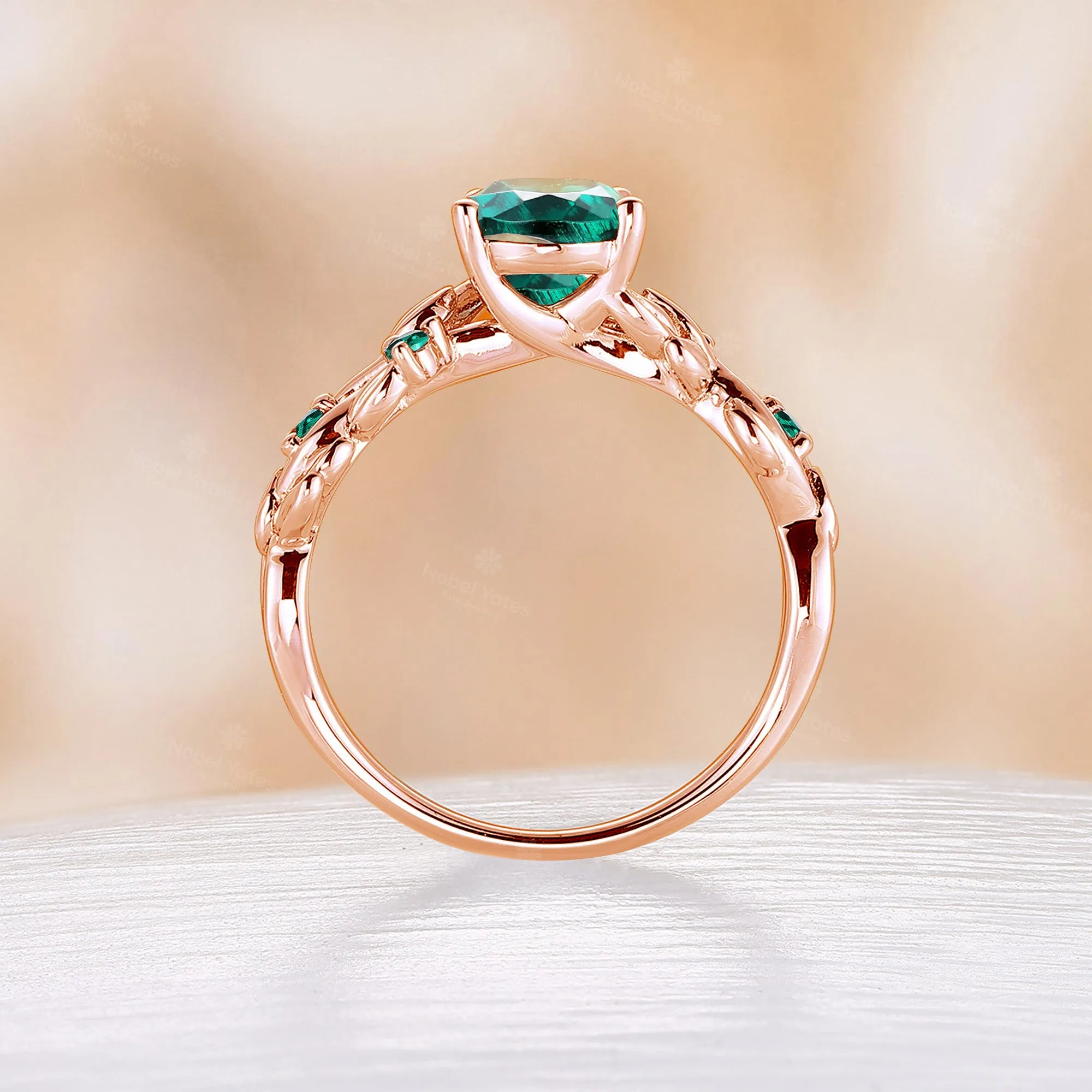 Pear Shape Lab Emerald Nature Inspired Rose Gold Engagement Ring Unique Twist Band