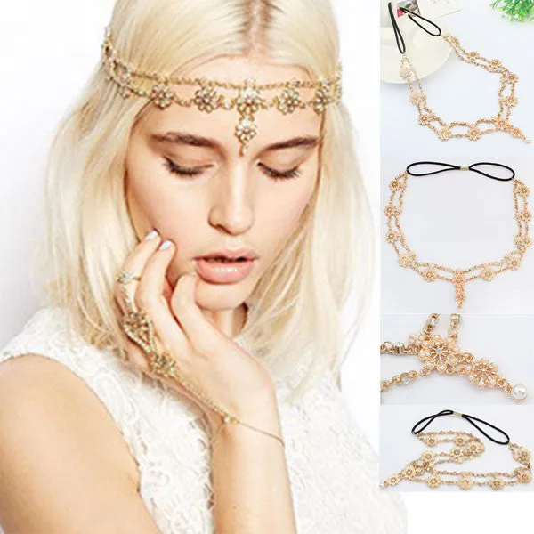 Pearl Tassel Flower Stretch Headband Hair Band Crystal Hair Chain Gold #1536 SM6