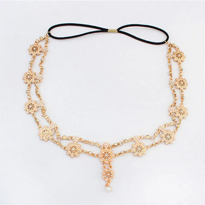 Pearl Tassel Flower Stretch Headband Hair Band Crystal Hair Chain Gold #1536 SM6