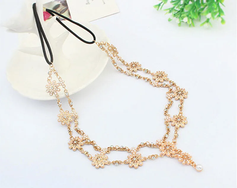 Pearl Tassel Flower Stretch Headband Hair Band Crystal Hair Chain Gold #1536 SM6