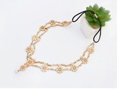 Pearl Tassel Flower Stretch Headband Hair Band Crystal Hair Chain Gold #1536 SM6