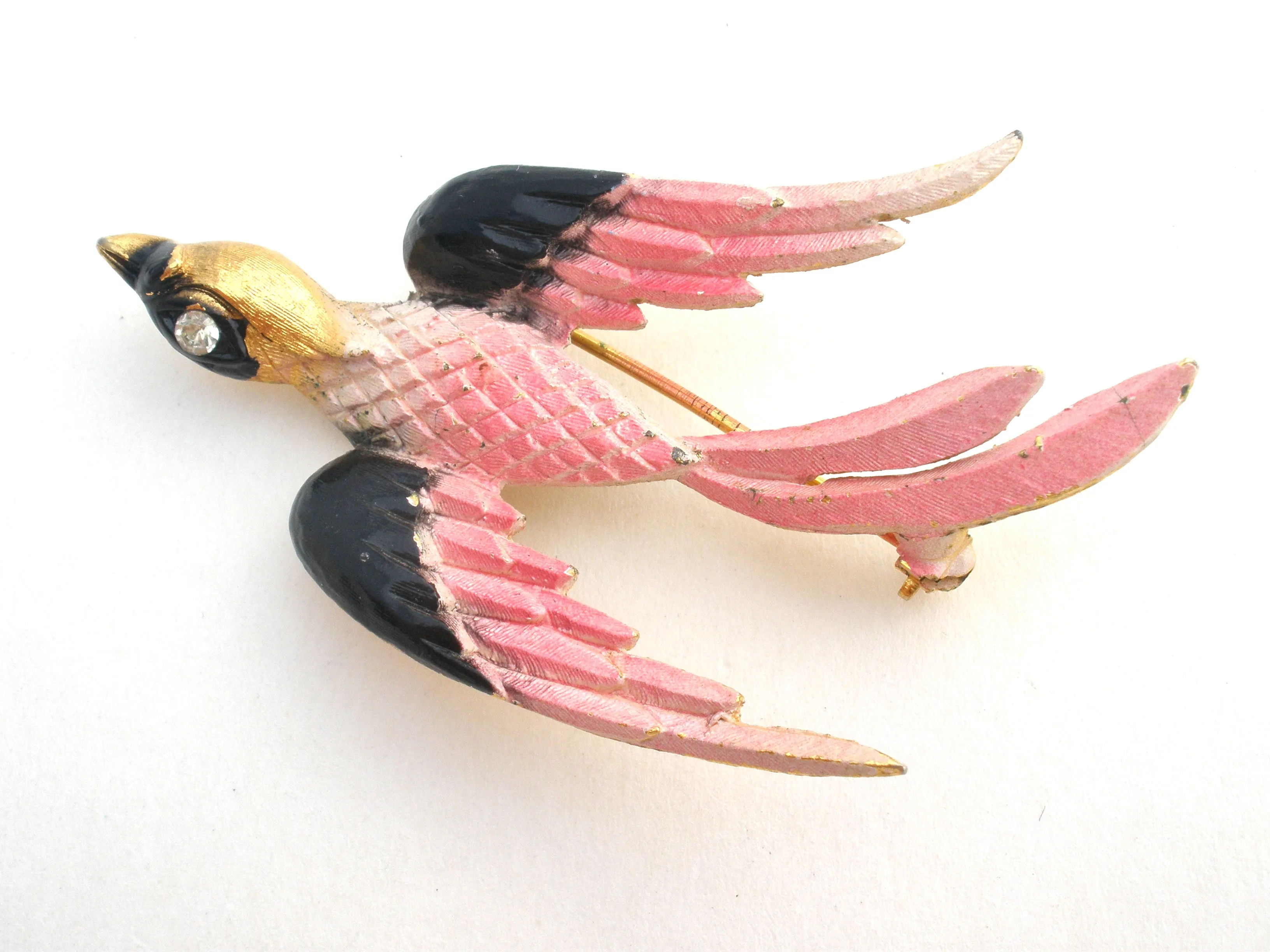 Pink & Black Swallow Bird Brooch Pin by Mamselle Vintage