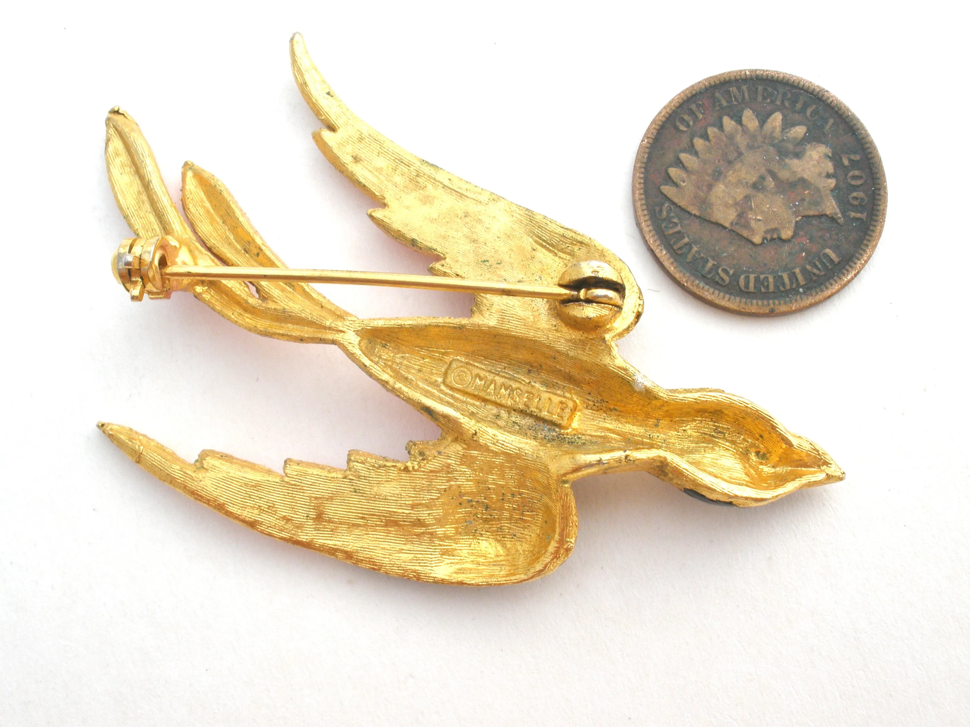 Pink & Black Swallow Bird Brooch Pin by Mamselle Vintage