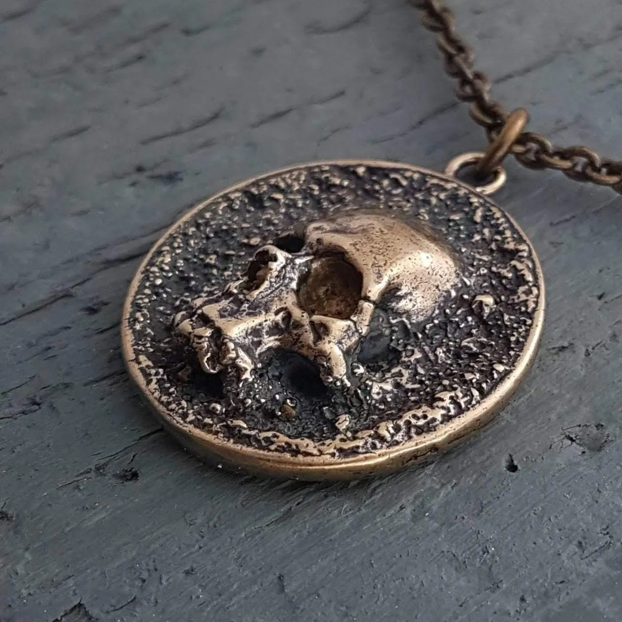 Pirate Skull Medallion Pendant Necklace Solid Gold Bronze