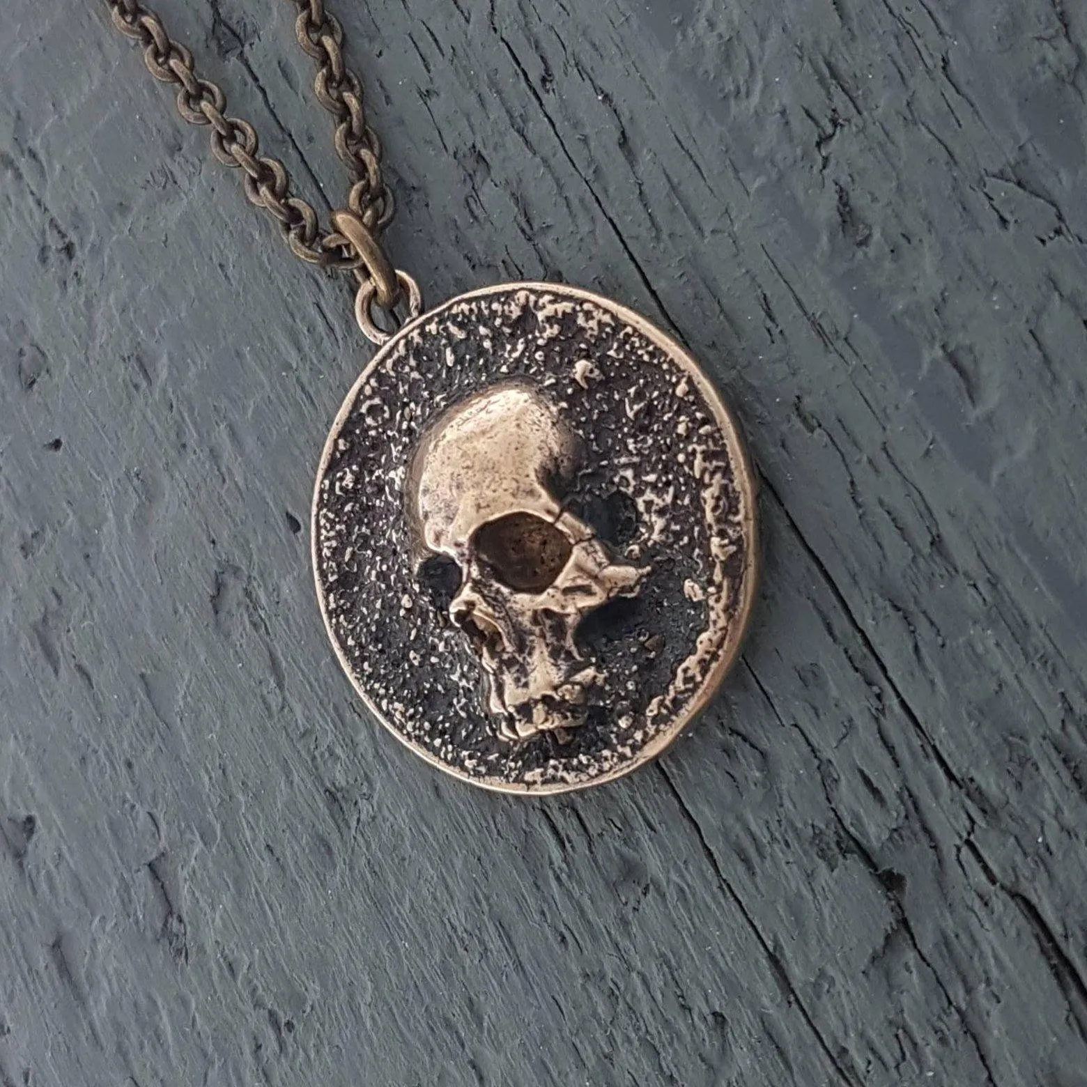 Pirate Skull Medallion Pendant Necklace Solid Gold Bronze