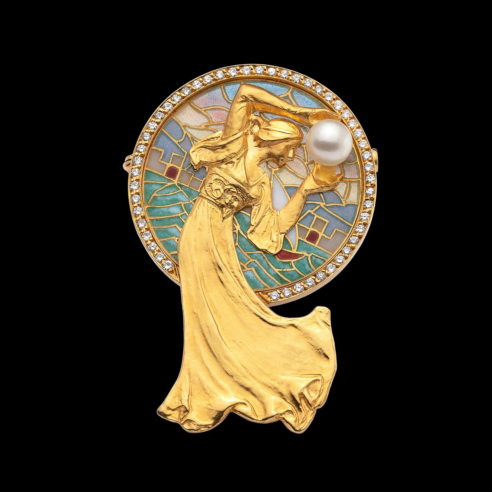 Plique-A-Jour Enamel & Diamond Brooch