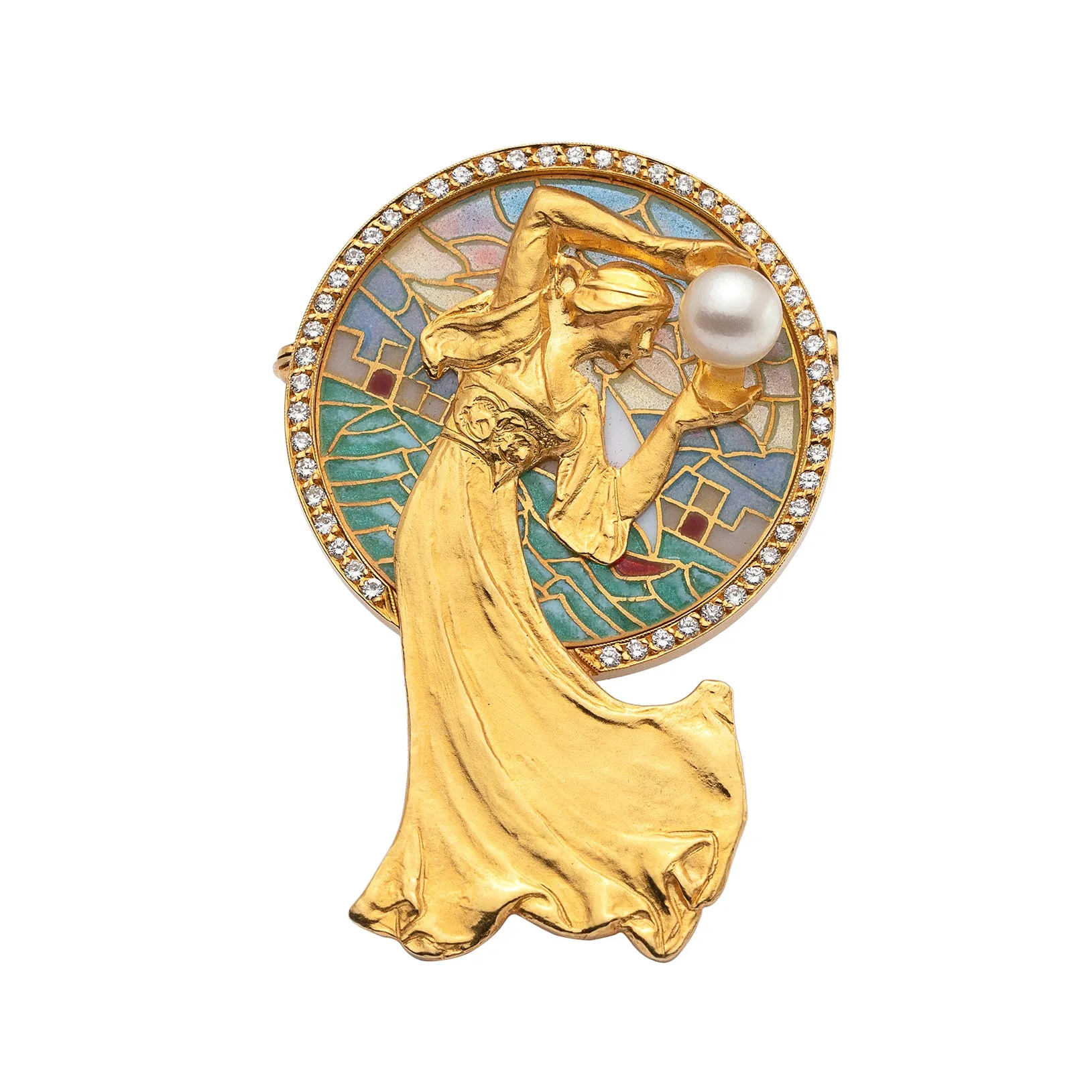 Plique-A-Jour Enamel & Diamond Brooch