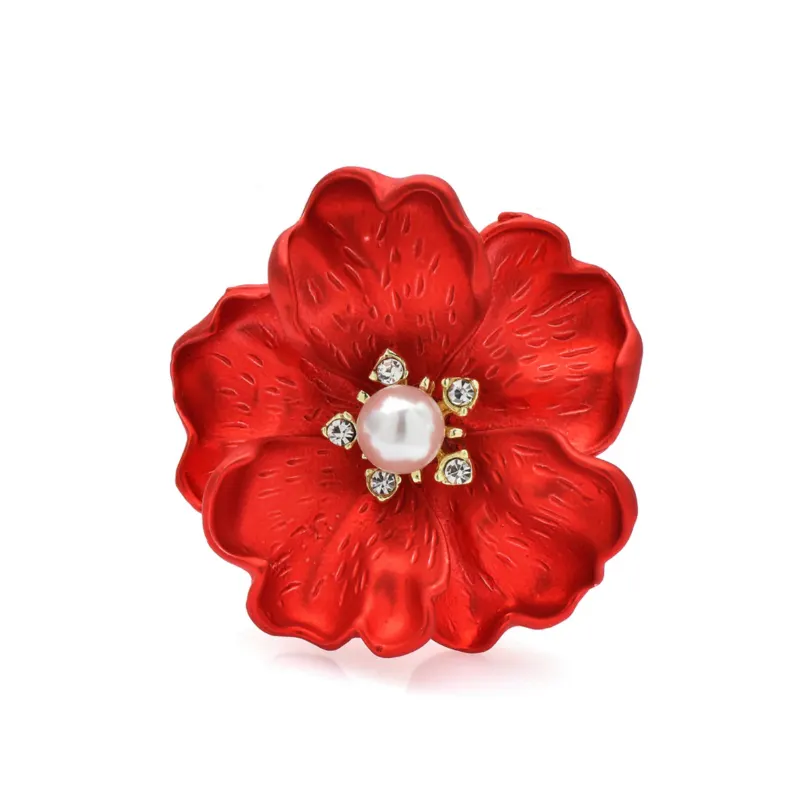 Red & Faux Pearl Flower Brooch - Don't AsK