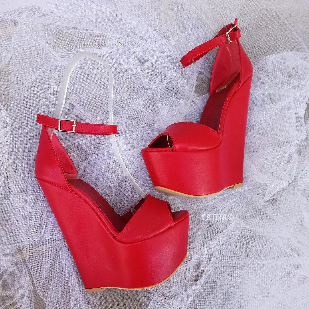 Red Ankle Strap 16 cm Heel Wedge Sandals