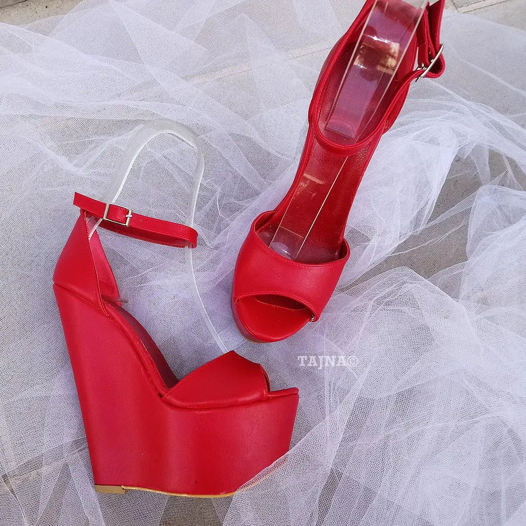 Red Ankle Strap 16 cm Heel Wedge Sandals