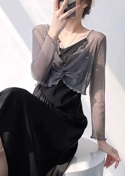 Sexy Grey V Neck Wrinkled Tulle Top Long Sleeve AS1082