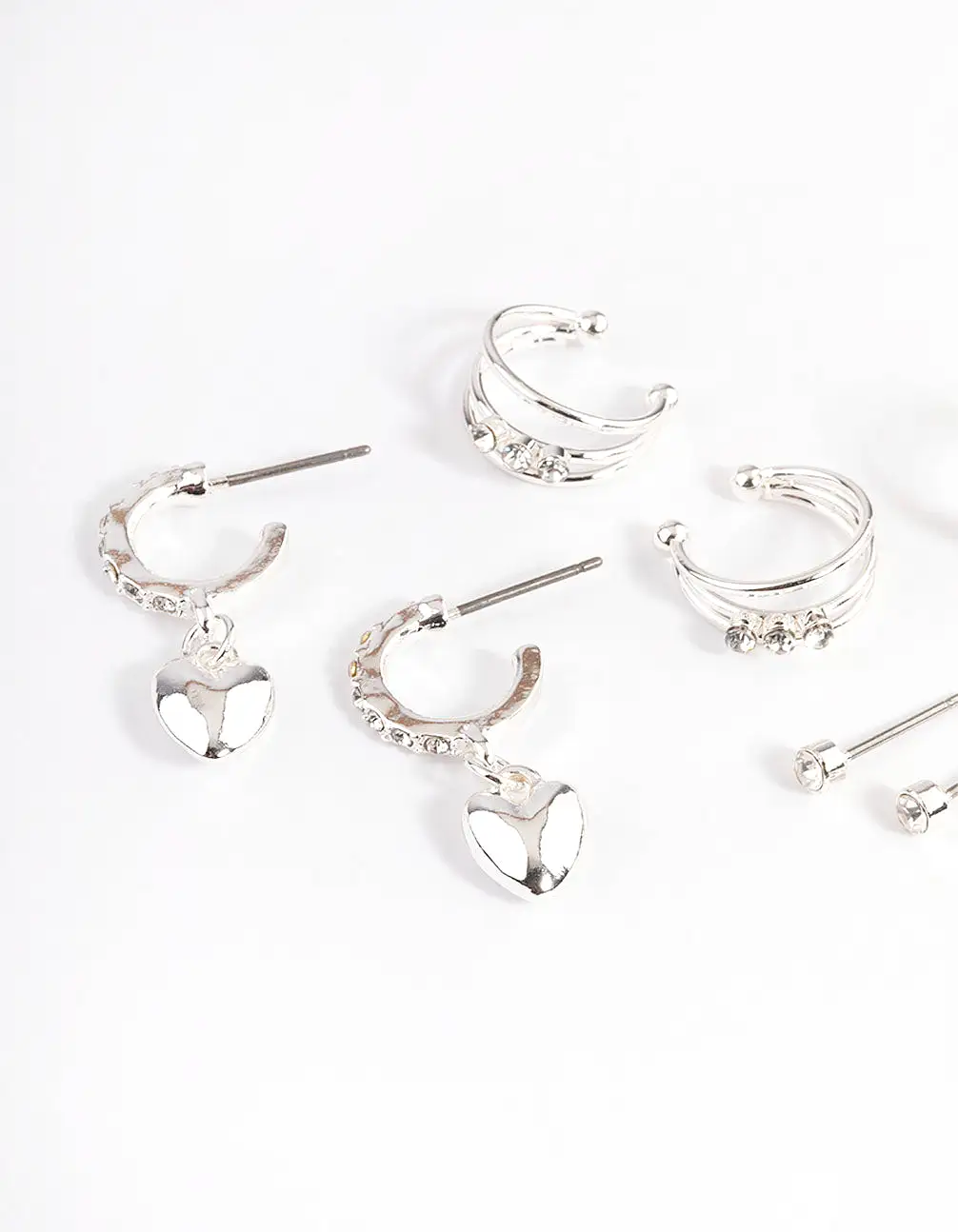 Silver Crystal Puffed Heart Earrings 4-Pack