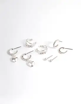 Silver Crystal Puffed Heart Earrings 4-Pack