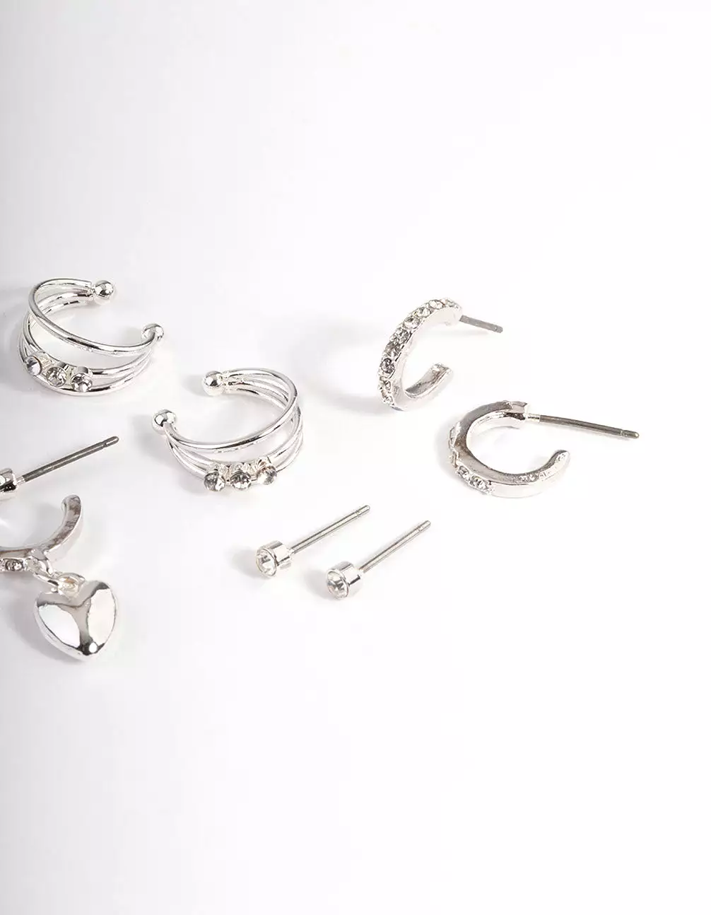 Silver Crystal Puffed Heart Earrings 4-Pack