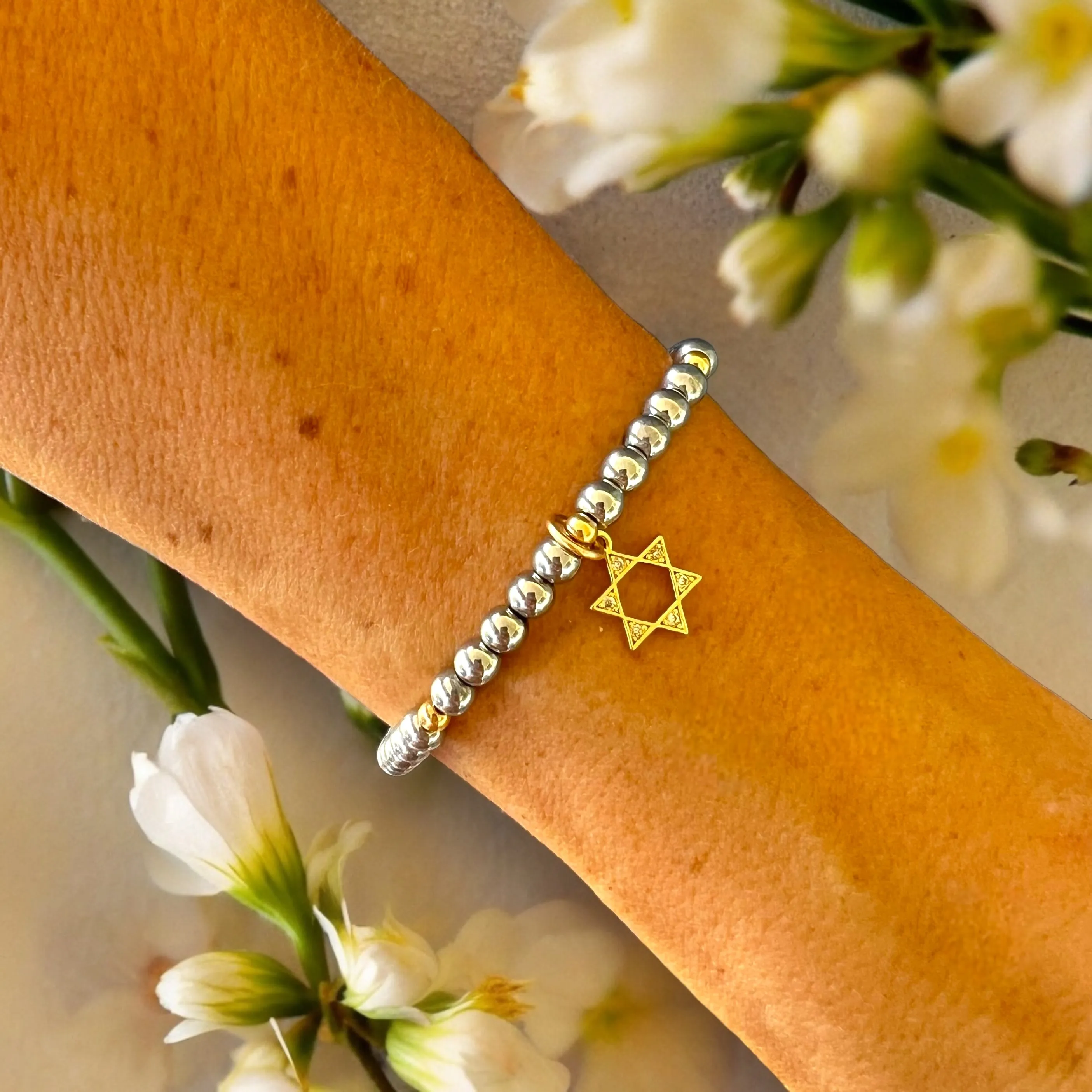 Star of David Charm 4mm Hematite Stones Bracelet