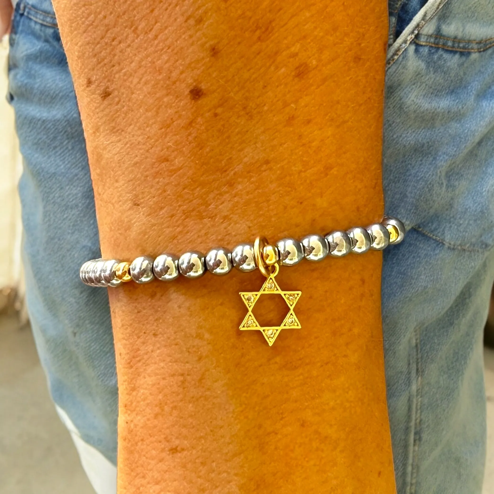 Star of David Charm 4mm Hematite Stones Bracelet