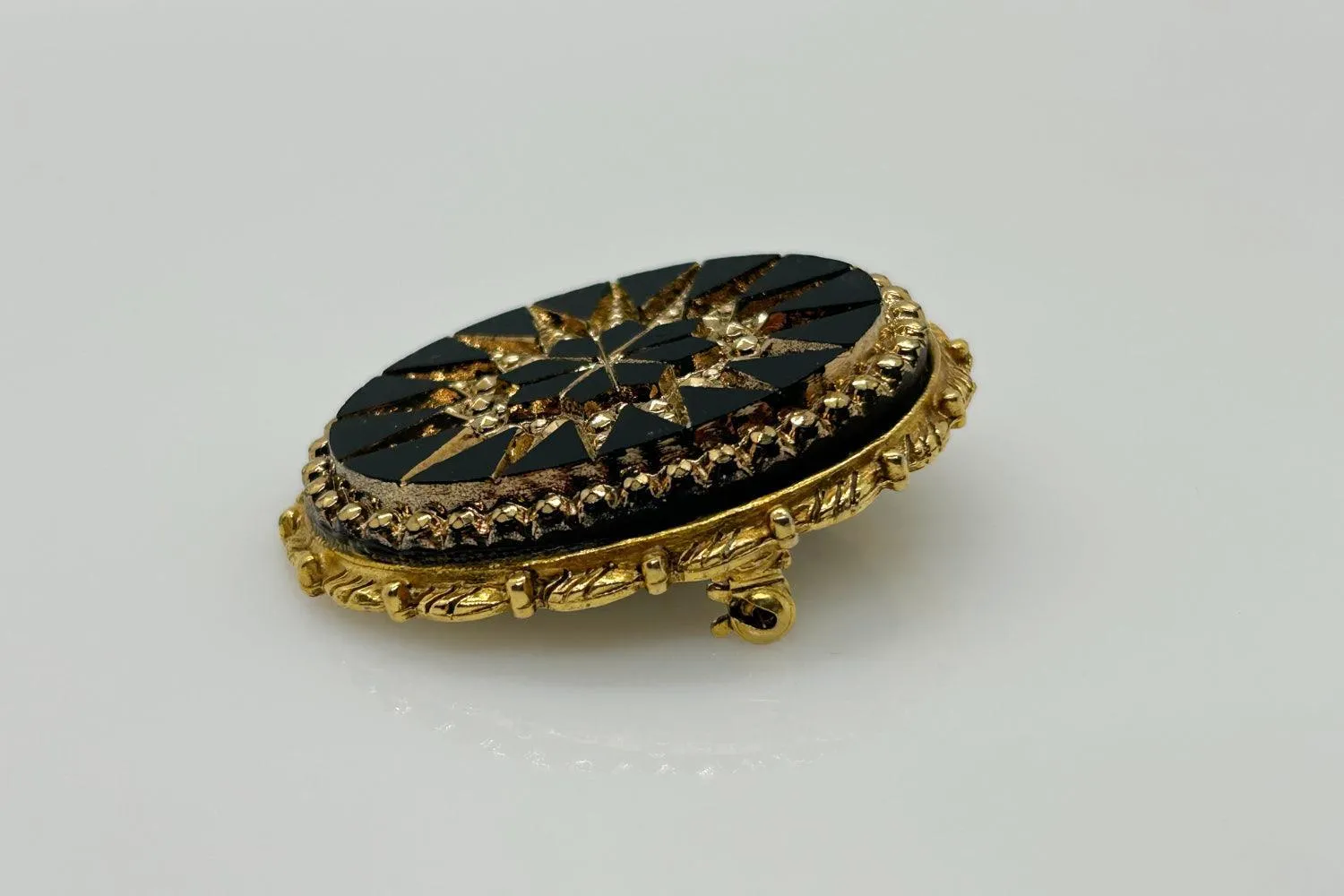 Striking Vintage Black and Gold Mosaic Brooch