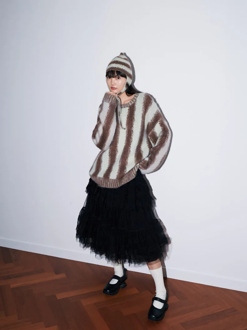 Stripe Border Knit Retro Tops&Hat