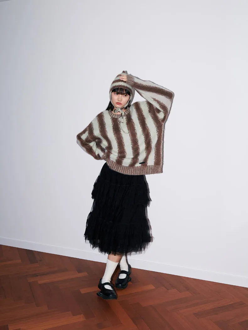 Stripe Border Knit Retro Tops&Hat