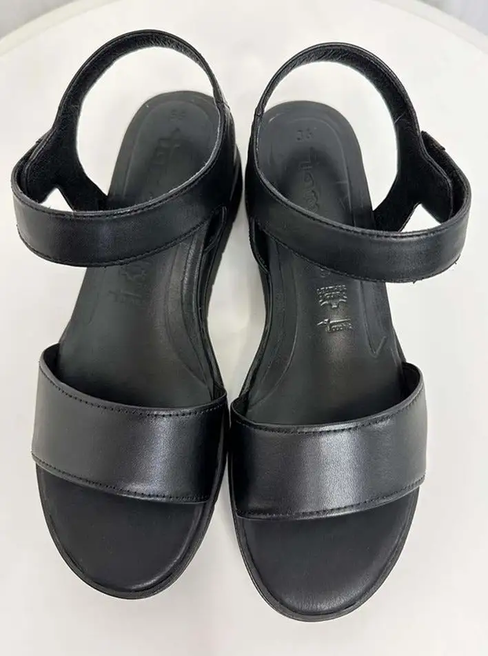 Tamaris Leather Wedge Sandals - Black