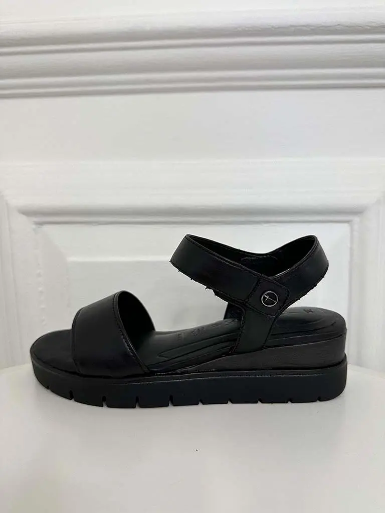 Tamaris Leather Wedge Sandals - Black