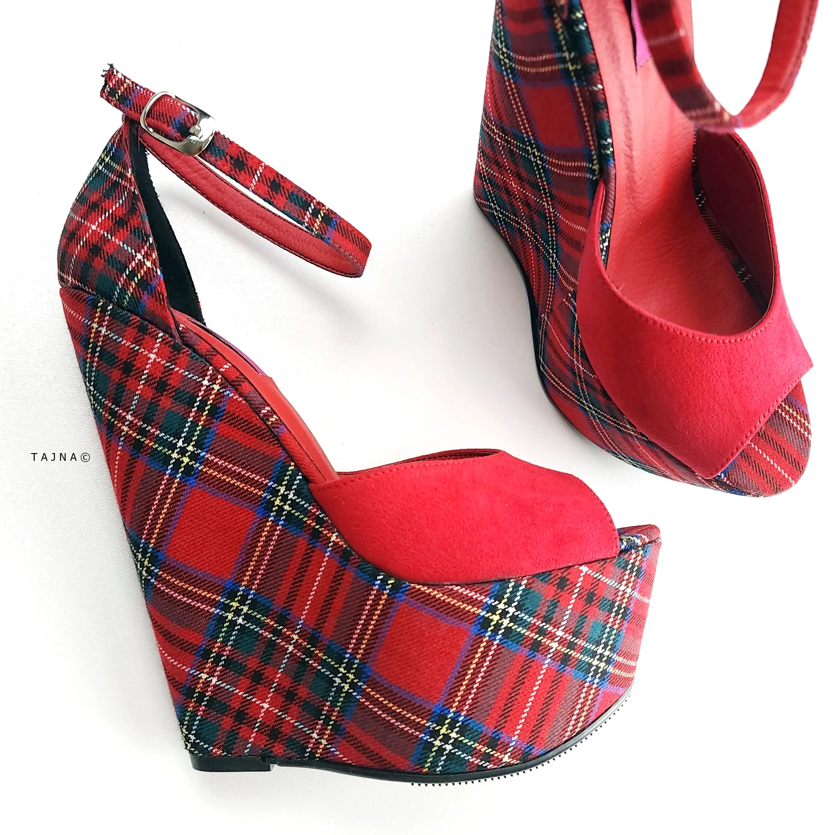 Tartan Red Suede Ankle Strap Wedge Sandals