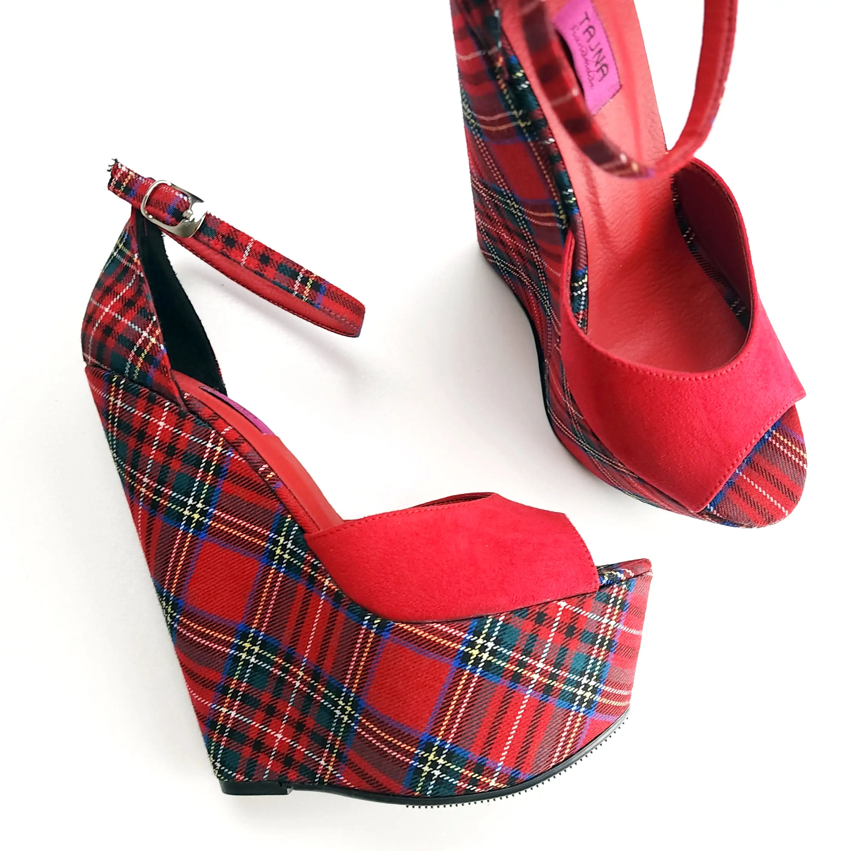 Tartan Red Suede Ankle Strap Wedge Sandals