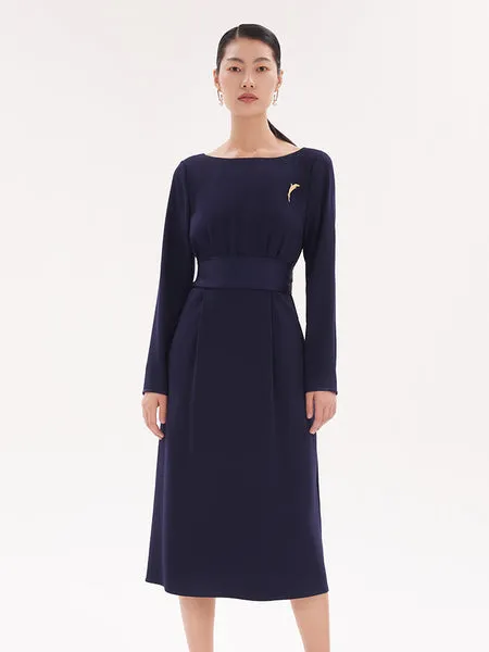 Triacetate Slim Midi Dress With Brooch 