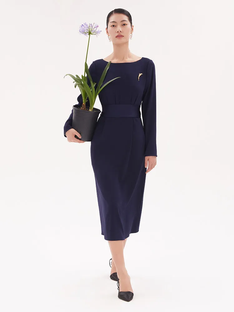 Triacetate Slim Midi Dress With Brooch 