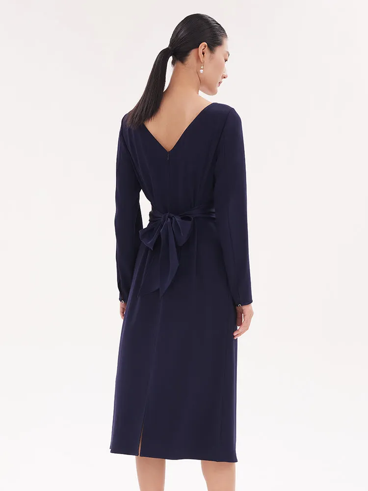 Triacetate Slim Midi Dress With Brooch 