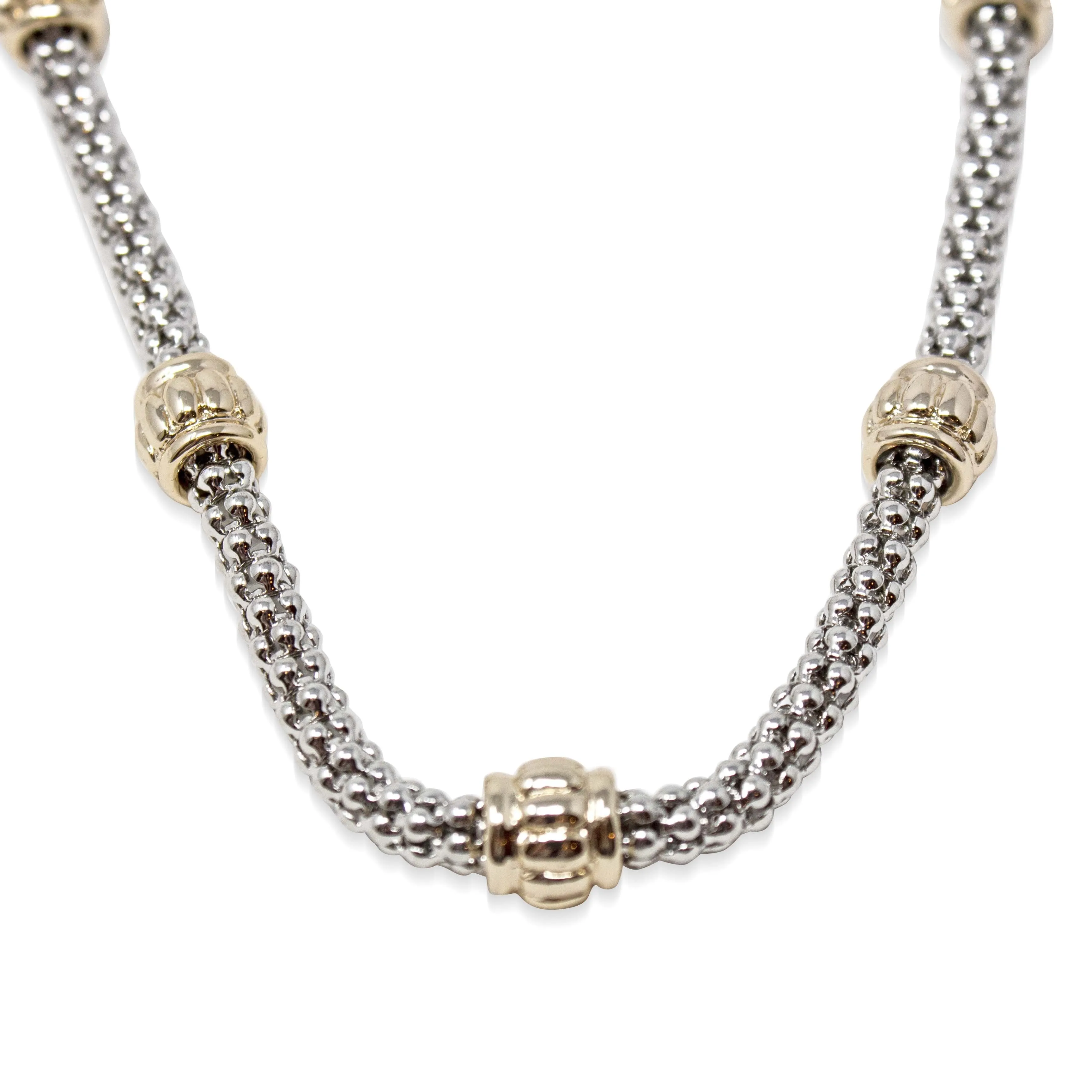 Two Tone Popcorn Chain Necklace Three Gold Tone Station