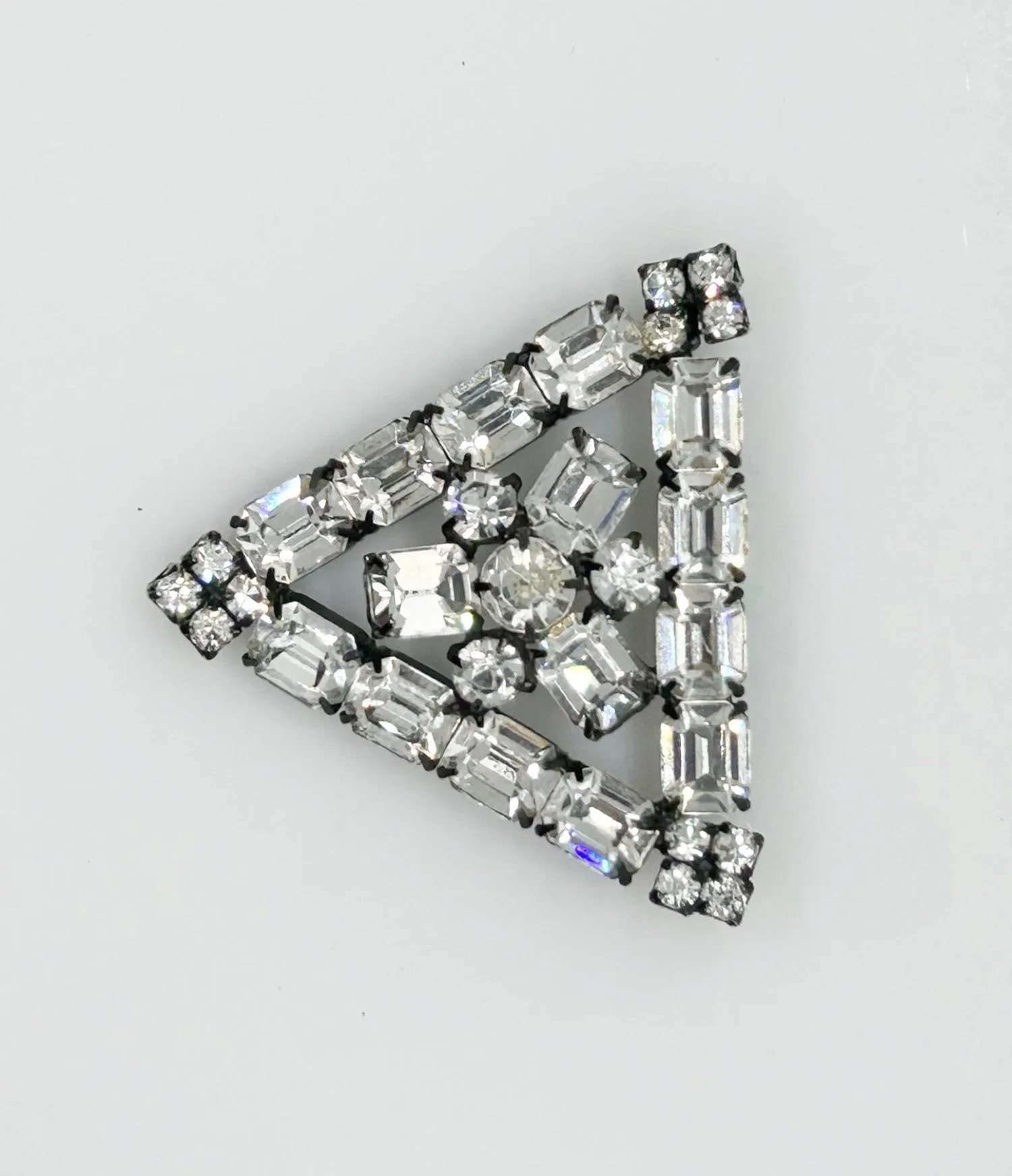 Vintage Geometric Bright Crystals Brooch in Japanned Metal