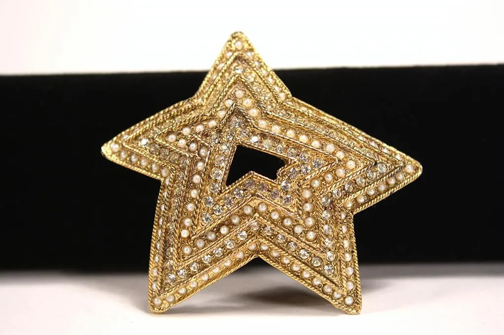 Vintage GRAZIANO Gold, Rhinestone & Pearl Star Brooch