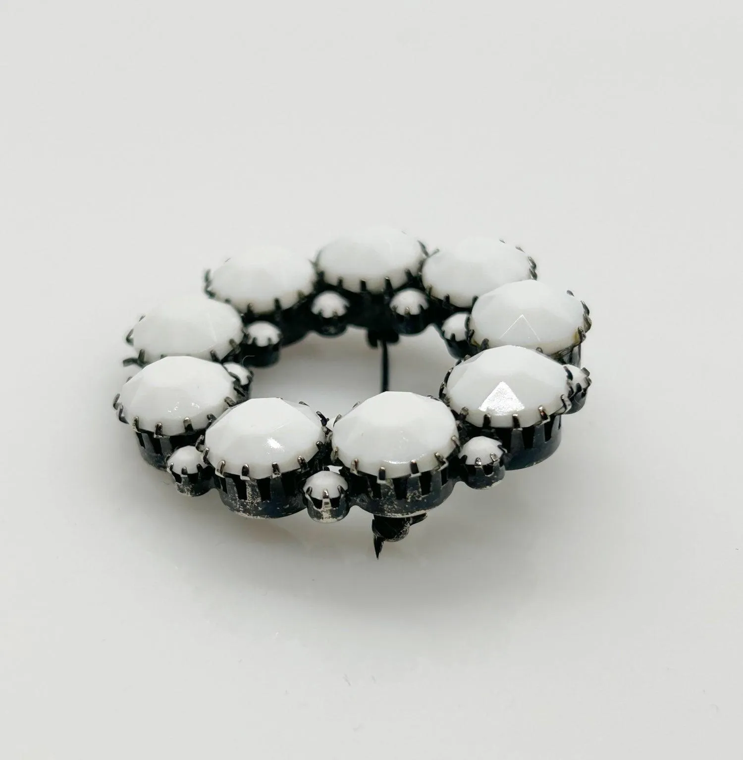 Vintage Milk Glass in Japanned Metal Circle Brooch