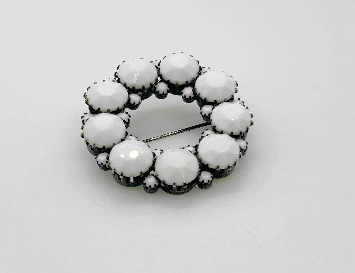 Vintage Milk Glass in Japanned Metal Circle Brooch